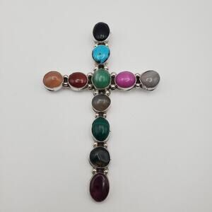 Waldeck Johnson WJ Sterling Silver Southwest Multi Gemstone Large Cross Pendant